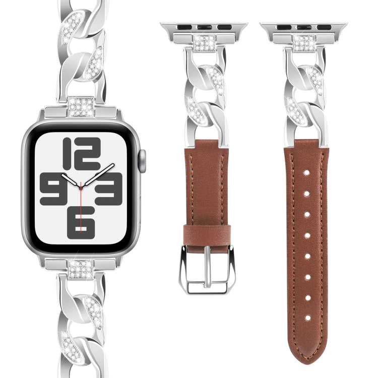 For Apple Watch Series 4 44mm Rhinestone Denim Chain Leather Watch Band(Brown) - Watch Bands by PMC Jewellery | Online Shopping South Africa | PMC Jewellery