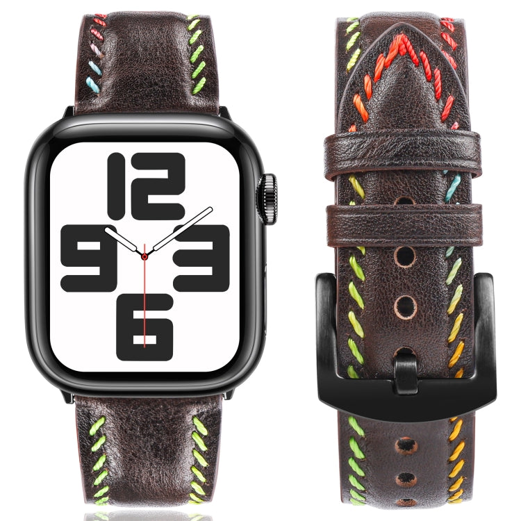 For Apple Watch Series 7 45mm Colorful Sewing Thread Leather Watch Band(Dark Brown) - Watch Bands by PMC Jewellery | Online Shopping South Africa | PMC Jewellery