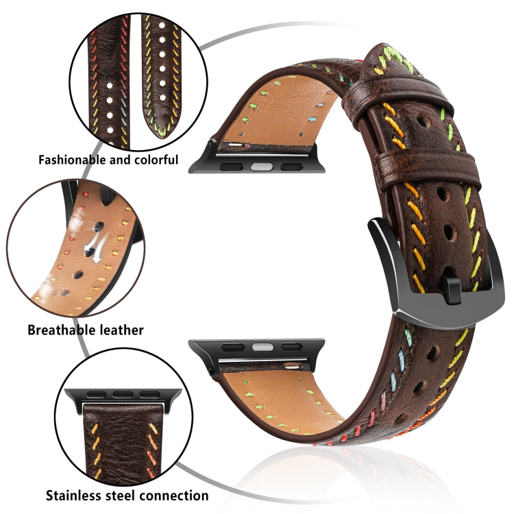 For Apple Watch Series 6 44mm Colorful Sewing Thread Leather Watch Band(Dark Brown) - Watch Bands by PMC Jewellery | Online Shopping South Africa | PMC Jewellery