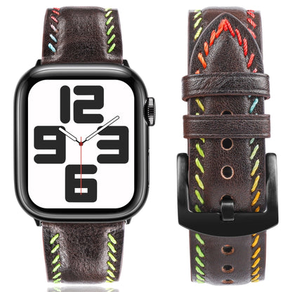 For Apple Watch Series 6 44mm Colorful Sewing Thread Leather Watch Band(Dark Brown) - Watch Bands by PMC Jewellery | Online Shopping South Africa | PMC Jewellery