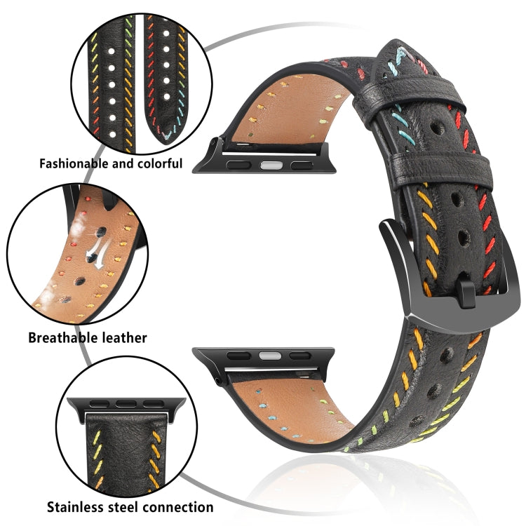 For Apple Watch Series 6 44mm Colorful Sewing Thread Leather Watch Band(Black) - Watch Bands by PMC Jewellery | Online Shopping South Africa | PMC Jewellery