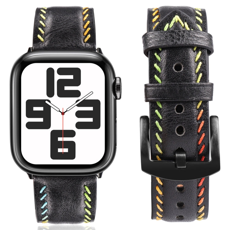 For  Apple Watch Series 5 40mm Colorful Sewing Thread Leather Watch Band(Black) - Watch Bands by PMC TechLife | Online Shopping South Africa | PMC TechLife