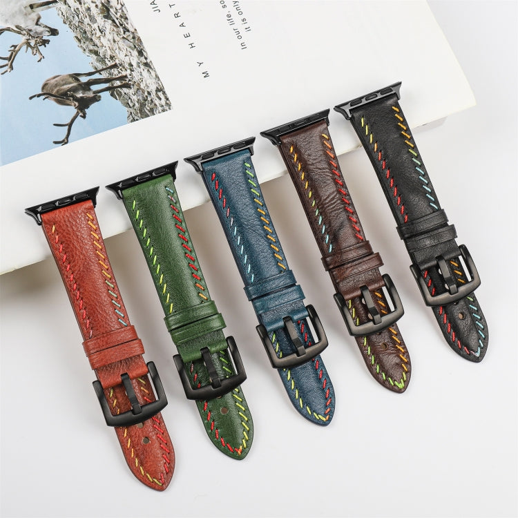 For Apple Watch Series 6 44mm Colorful Sewing Thread Leather Watch Band(Black) - Watch Bands by PMC TechLife | Online Shopping South Africa | PMC TechLife