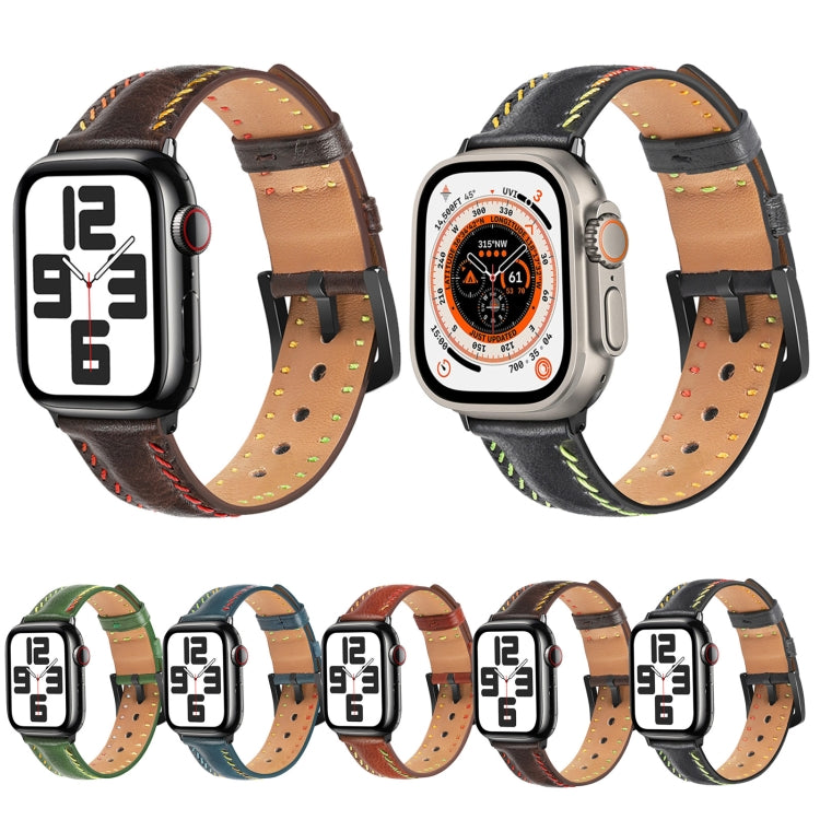 For Apple Watch Series 7 45mm Colorful Sewing Thread Leather Watch Band(Dark Brown) - Watch Bands by PMC Jewellery | Online Shopping South Africa | PMC Jewellery