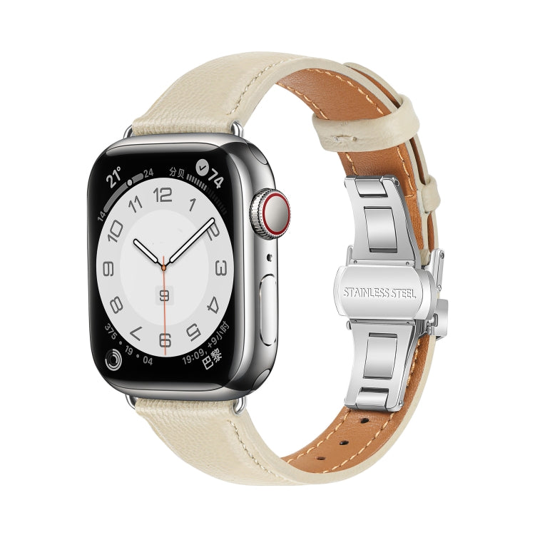 For Apple Watch SE 2023 40mm Plain Leather Butterfly Buckle Watch Band(Beige+Silver) - free shipping - PMC TechLife - Order now!
