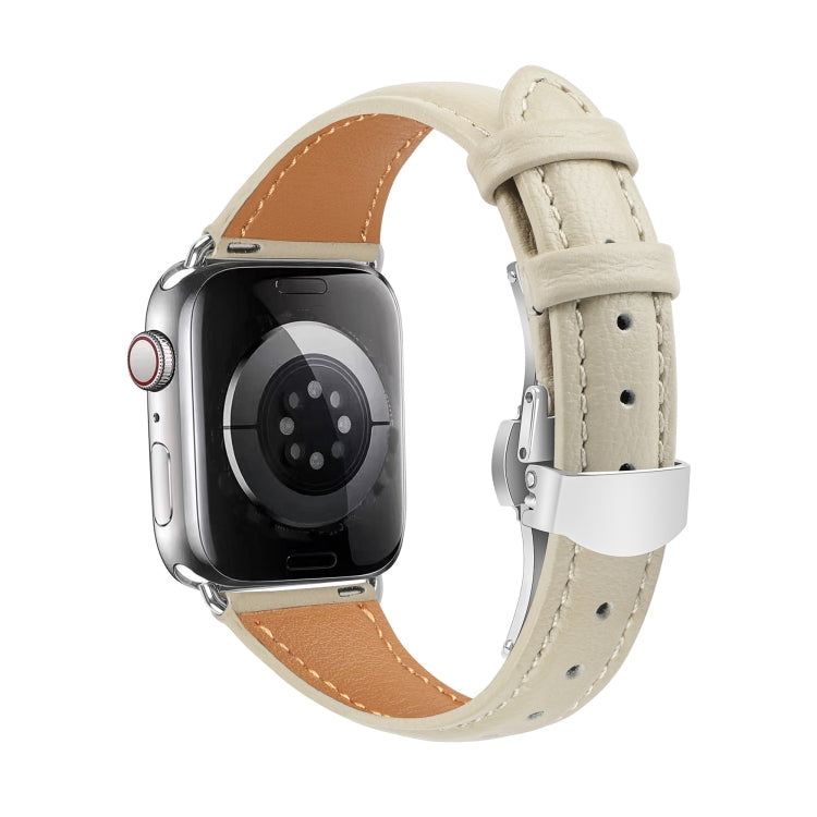 For Apple Watch SE 2023 40mm Plain Leather Butterfly Buckle Watch Band(Beige+Silver) - free shipping - PMC TechLife - Order now!
