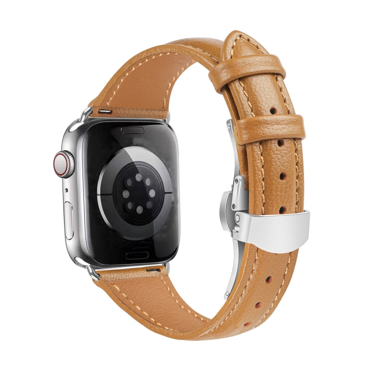 For Apple Watch SE 2023 40mm Plain Leather Butterfly Buckle Watch Band(Brown+Silver) - free shipping - PMC TechLife - Order now!