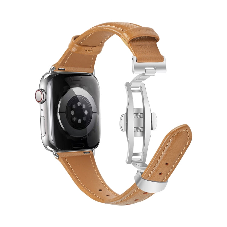 For Apple Watch Series 9 45mm Plain Leather Butterfly Buckle Watch Band(Brown+Silver) - free shipping - PMC TechLife - Order now!