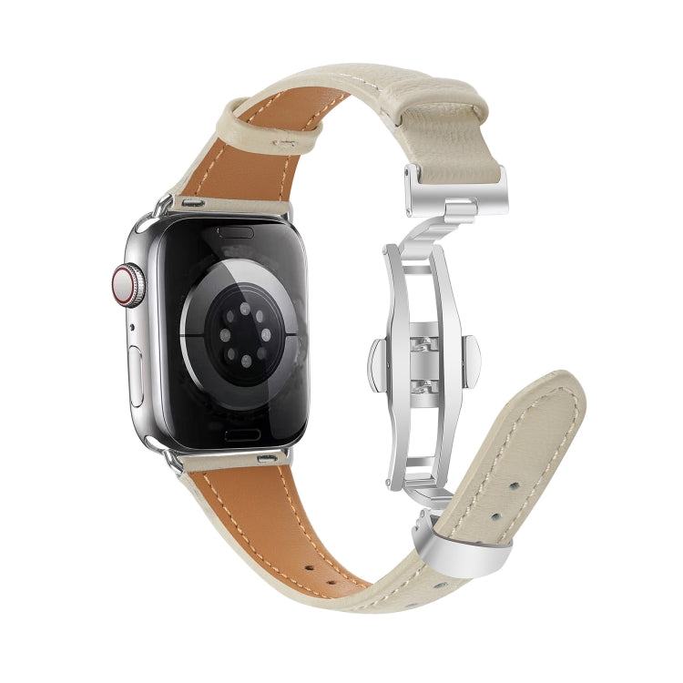 For Apple Watch Ultra 49mm Plain Leather Butterfly Buckle Watch Band(Beige+Silver) - free shipping - PMC TechLife - Order now!