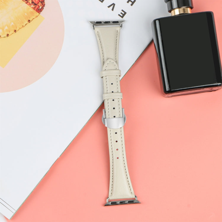 For Apple Watch Series 8 41mm Plain Leather Butterfly Buckle Watch Band(Beige+Silver) - free shipping - PMC TechLife - Order now!