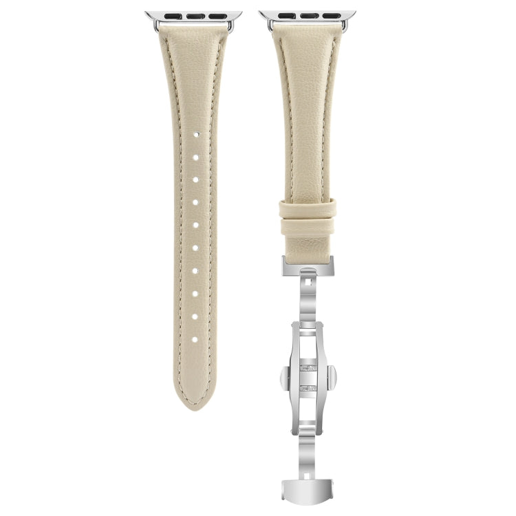 For Apple Watch SE 2022 44mm Plain Leather Butterfly Buckle Watch Band(Beige+Silver) - free shipping - PMC TechLife - Order now!