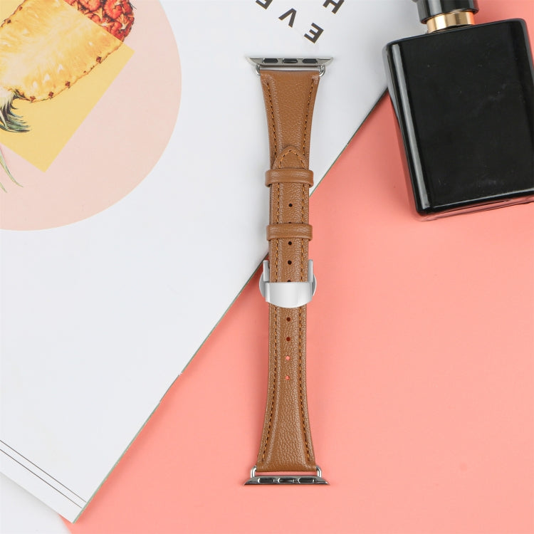 For Apple Watch Series 7 41mm Plain Leather Butterfly Buckle Watch Band(Dark Brown+Silver) - free shipping - PMC TechLife - Order now!