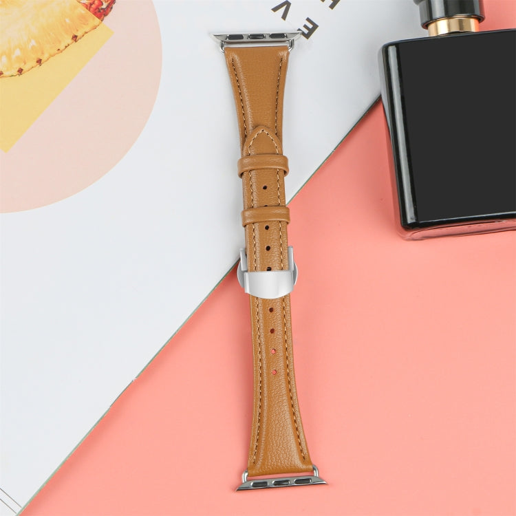 For Apple Watch Series 7 41mm Plain Leather Butterfly Buckle Watch Band(Brown+Silver) - free shipping - PMC TechLife - Order now!