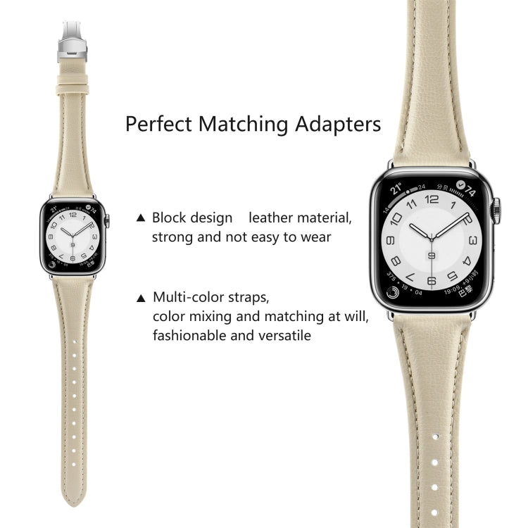 For Apple Watch Series 3 38mm Plain Leather Butterfly Buckle Watch Band(Beige+Silver) - free shipping - PMC TechLife - Order now!