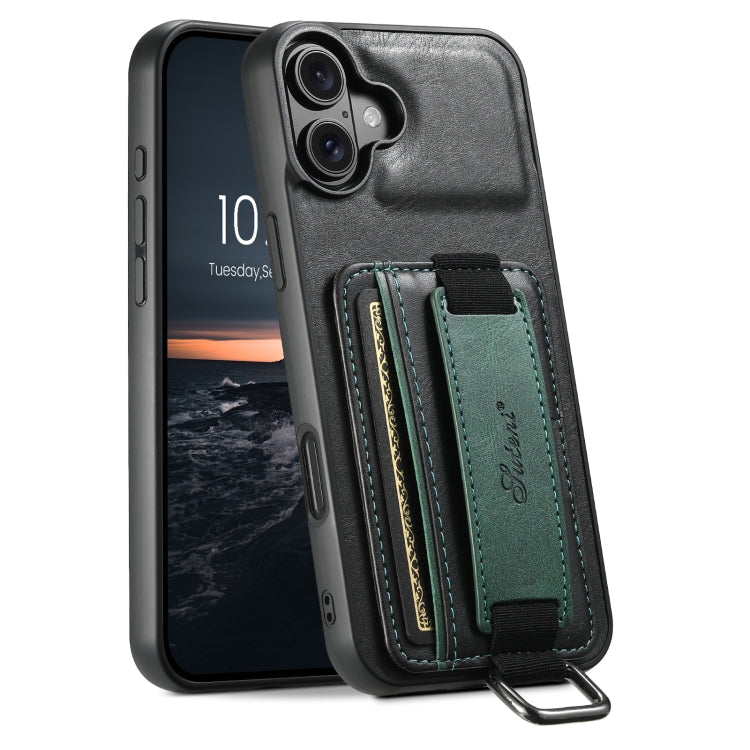 For iPhone 16 Plus Suteni H13 Card Wallet Wrist Strap Holder PU Phone Case(Black) - iPhone 16 Plus Cases by Suteni | Online Shopping South Africa | PMC Jewellery | Buy Now Pay Later Mobicred