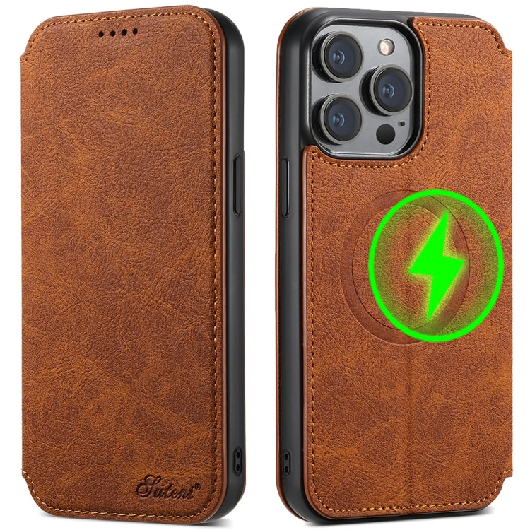 For iPhone 16 Suteni J06 Retro Matte Litchi Texture Leather MagSafe Phone Case(Khaki) - iPhone 16 Cases by Suteni | Online Shopping South Africa | PMC Jewellery | Buy Now Pay Later Mobicred