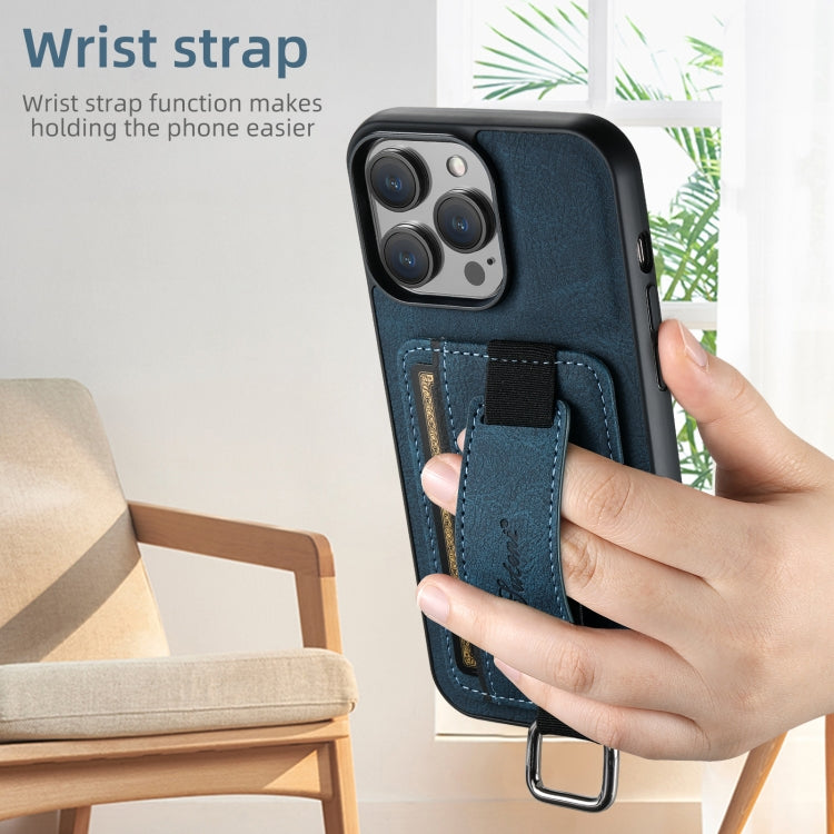 For iPhone 16 Pro Max Suteni H13 Litchi Leather Wrist Strap Wallet Back Phone Case(Blue) - iPhone 16 Pro Max Cases by Suteni | Online Shopping South Africa | PMC Jewellery | Buy Now Pay Later Mobicred