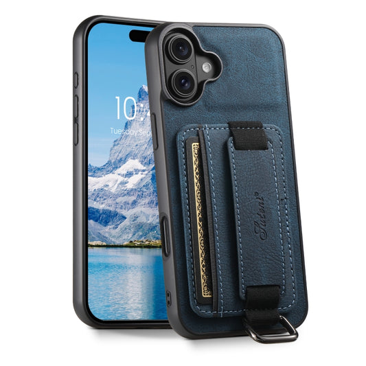 For iPhone 16 Plus Suteni H13 Litchi Leather Wrist Strap Wallet Back Phone Case(Blue) - iPhone 16 Plus Cases by Suteni | Online Shopping South Africa | PMC Jewellery | Buy Now Pay Later Mobicred