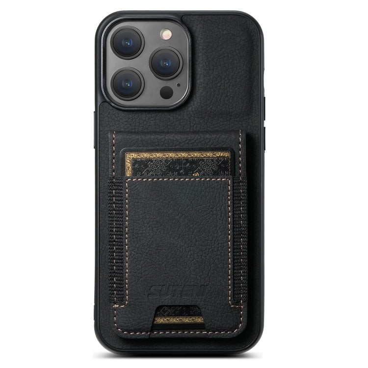 For iPhone 16 Pro Suteni H03 Litchi Leather Card Bag Stand Back Phone Case(Black) - iPhone 16 Pro Cases by Suteni | Online Shopping South Africa | PMC Jewellery | Buy Now Pay Later Mobicred