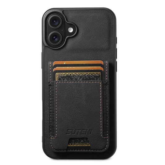 For iPhone 16 Plus Suteni H03 Litchi Leather Card Bag Stand Back Phone Case(Black) - iPhone 16 Plus Cases by Suteni | Online Shopping South Africa | PMC Jewellery | Buy Now Pay Later Mobicred