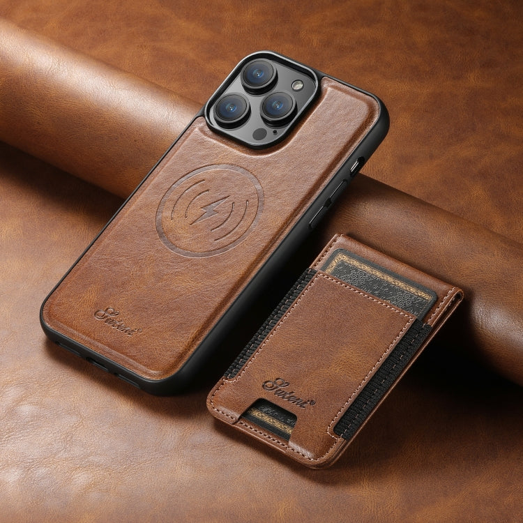 For iPhone 15 Suteni H17 Oil Eax Leather MagSafe Detachable Wallet Phone Case(Brown) - iPhone 15 Cases by Suteni | Online Shopping South Africa | PMC Jewellery | Buy Now Pay Later Mobicred