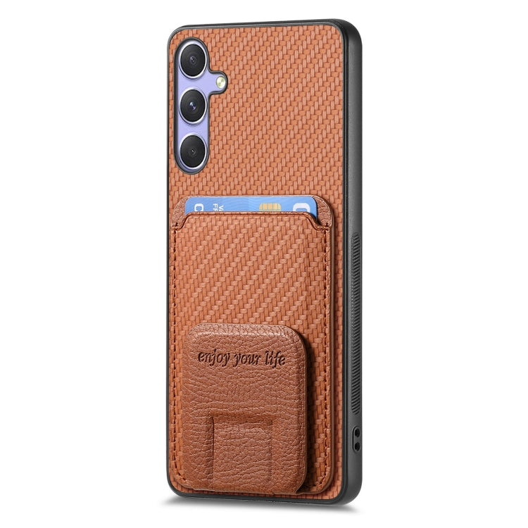 For Samsung Galaxy S25+ 5G Carbon Fiber Card Bag Fold Stand Phone Case(Brown) - Galaxy S25+ 5G Cases by PMC Jewellery | Online Shopping South Africa | PMC Jewellery | Buy Now Pay Later Mobicred