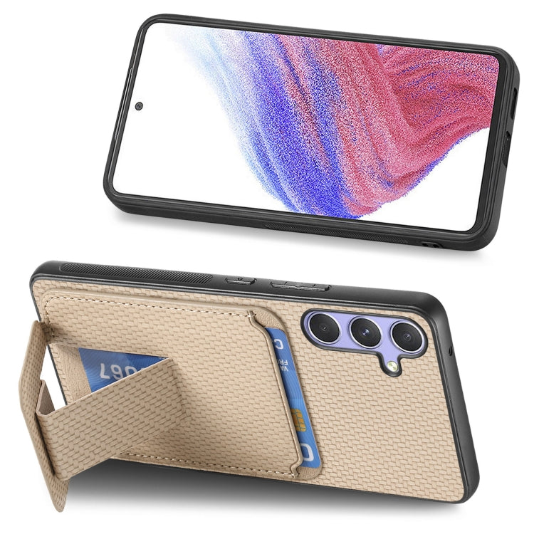 For Samsung Galaxy S25 Ultra 5G Carbon Fiber Card Bag Fold Stand Phone Case(Khaki) - Galaxy S25 Ultra 5G Cases by PMC Jewellery | Online Shopping South Africa | PMC Jewellery | Buy Now Pay Later Mobicred