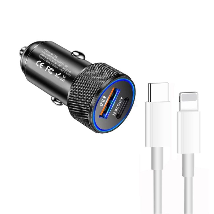 P19 Metal PD20W USB-C + QC18W USB Car Charger with Type-C to 8 Pin Date Cable(Black) - free shipping - PMC Jewellery - Order now!