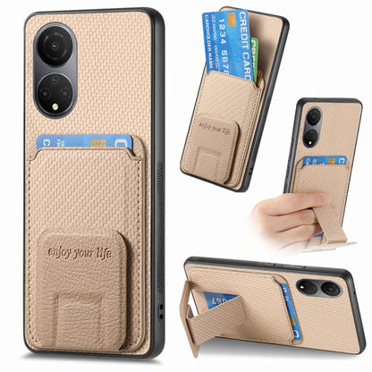 For Honor X7 Carbon Fiber Card Bag Fold Stand Phone Case(Khaki) - Honor Cases by PMC Jewellery | Online Shopping South Africa | PMC Jewellery | Buy Now Pay Later Mobicred