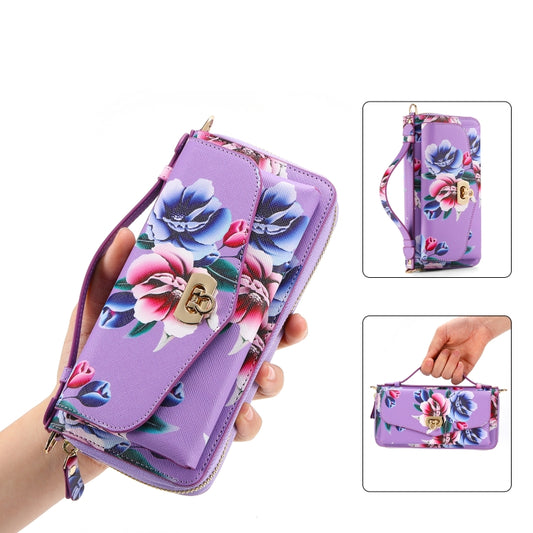 For Samsung Galaxy S24+ 5G Flower Multi-functional Crossbody Zipper Wallet Leather Phone Case(Purple) - Galaxy S24+ 5G Cases by PMC Jewellery | Online Shopping South Africa | PMC Jewellery | Buy Now Pay Later Mobicred