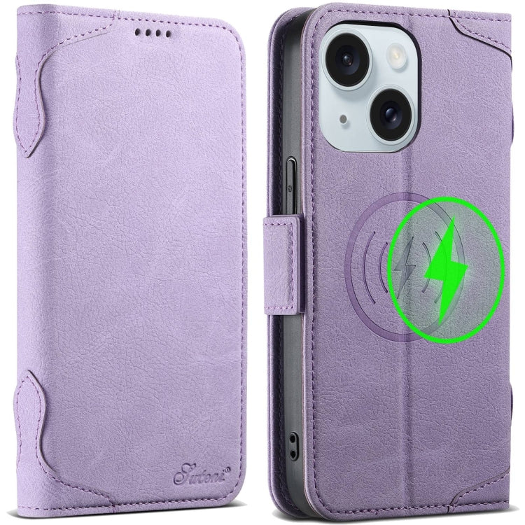 For iPhone 15 SUTENI J07 Multifunctional Horizontal Flip Magsafe Leather Phone Case(Purple) - iPhone 15 Cases by Suteni | Online Shopping South Africa | PMC Jewellery | Buy Now Pay Later Mobicred