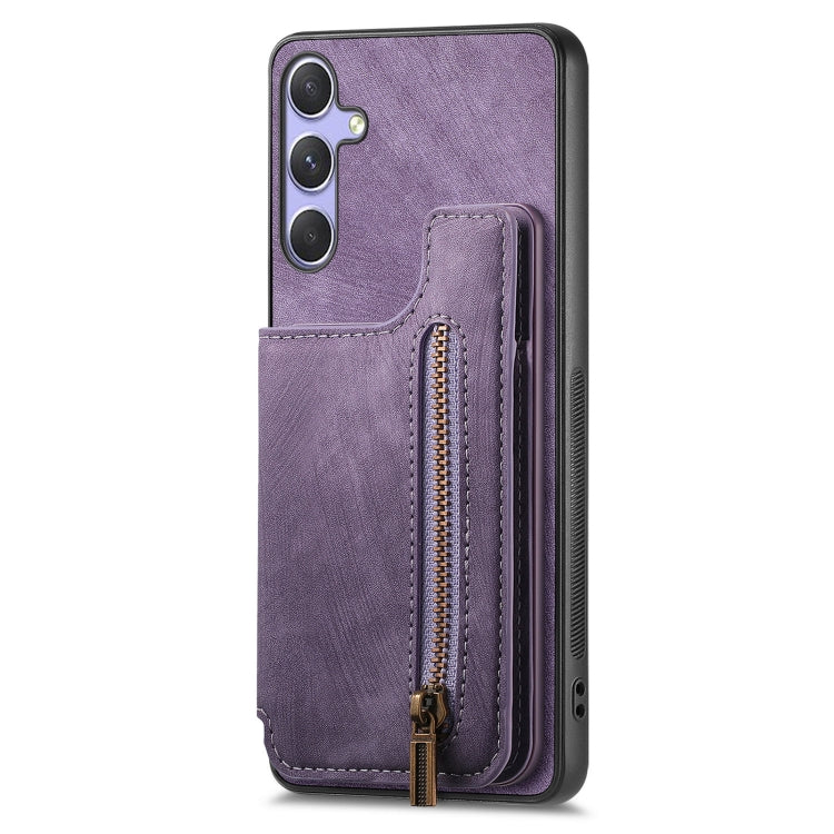 For Samsung Galaxy S25 5G Retro Leather Zipper Wallet Back Phone Case(Purple) - Galaxy S25 5G Cases by PMC Jewellery | Online Shopping South Africa | PMC Jewellery | Buy Now Pay Later Mobicred