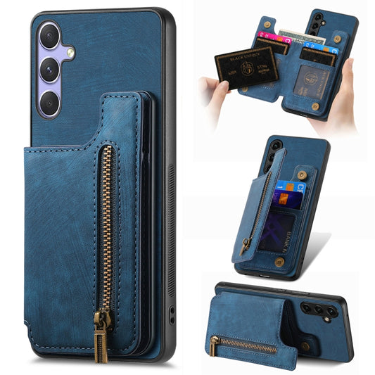 For Samsung Galaxy S25+ 5G Retro Leather Zipper Wallet Back Phone Case(Blue) - Galaxy S25+ 5G Cases by PMC Jewellery | Online Shopping South Africa | PMC Jewellery | Buy Now Pay Later Mobicred