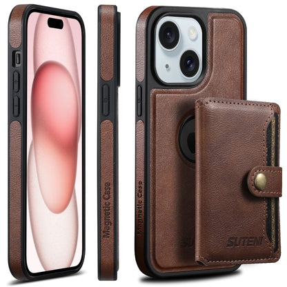 For iPhone 15 Suteni M1 Oil Wax MagSafe Detachable Horizontal Card Bag Phone Case(Brown) - iPhone 15 Cases by Suteni | Online Shopping South Africa | PMC Jewellery | Buy Now Pay Later Mobicred