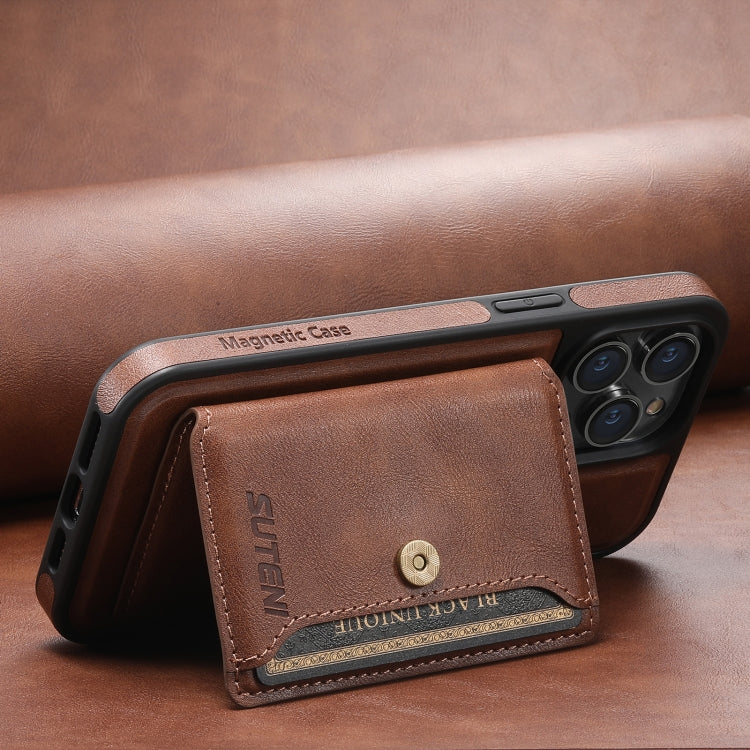 For iPhone 14 Suteni M1 Oil Wax MagSafe Detachable Horizontal Card Bag Phone Case(Brown) - iPhone 14 Cases by Suteni | Online Shopping South Africa | PMC Jewellery | Buy Now Pay Later Mobicred