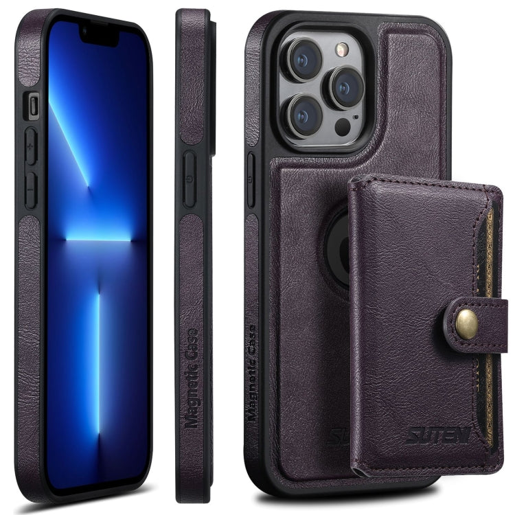 For iPhone 13 Pro Suteni M1 Oil Wax MagSafe Detachable Horizontal Card Bag Phone Case(Purple) - iPhone 13 Pro Cases by Suteni | Online Shopping South Africa | PMC Jewellery | Buy Now Pay Later Mobicred