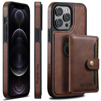 For iPhone 12 Pro Suteni M1 Oil Wax MagSafe Detachable Horizontal Card Bag Phone Case(Brown) - iPhone 12 / 12 Pro Cases by Suteni | Online Shopping South Africa | PMC Jewellery | Buy Now Pay Later Mobicred