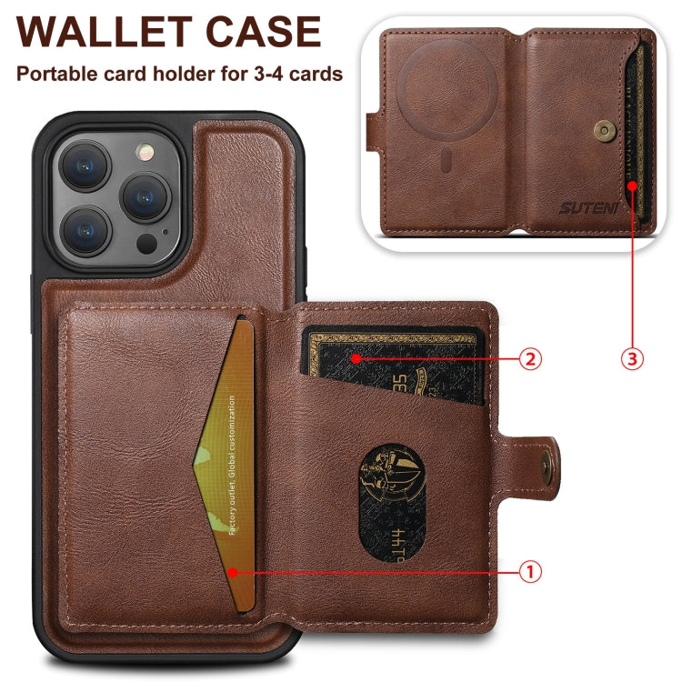 For iPhone 15 Pro Suteni M1 Oil Wax MagSafe Detachable Horizontal Card Bag Phone Case(Brown) - iPhone 15 Pro Cases by Suteni | Online Shopping South Africa | PMC Jewellery | Buy Now Pay Later Mobicred