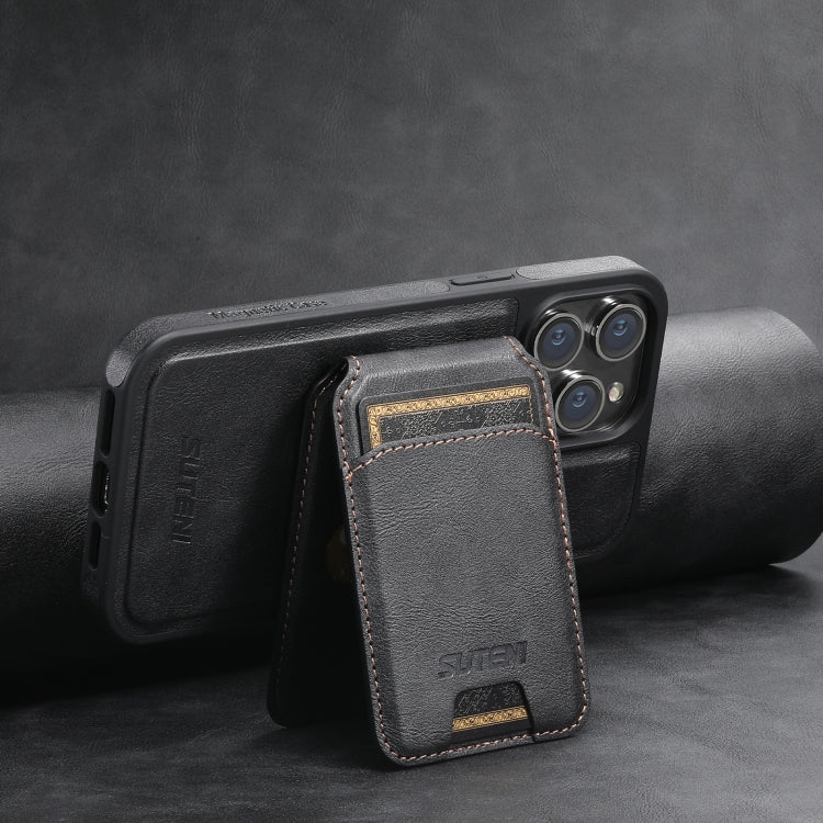 For iPhone 15 Plus Suteni M2 Oil Wax MagSafe Horizontal Card Bag Phone Case(Black) - iPhone 15 Plus Cases by Suteni | Online Shopping South Africa | PMC Jewellery | Buy Now Pay Later Mobicred