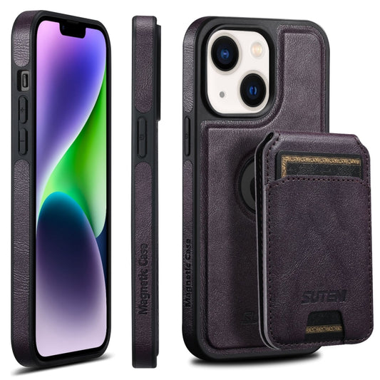 For iPhone 14 Suteni M2 Oil Wax MagSafe Horizontal Card Bag Phone Case(Purple) - iPhone 14 Cases by Suteni | Online Shopping South Africa | PMC Jewellery | Buy Now Pay Later Mobicred