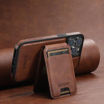 For iPhone 14 Pro Suteni M2 Oil Wax MagSafe Horizontal Card Bag Phone Case(Brown) - iPhone 14 Pro Cases by Suteni | Online Shopping South Africa | PMC Jewellery | Buy Now Pay Later Mobicred