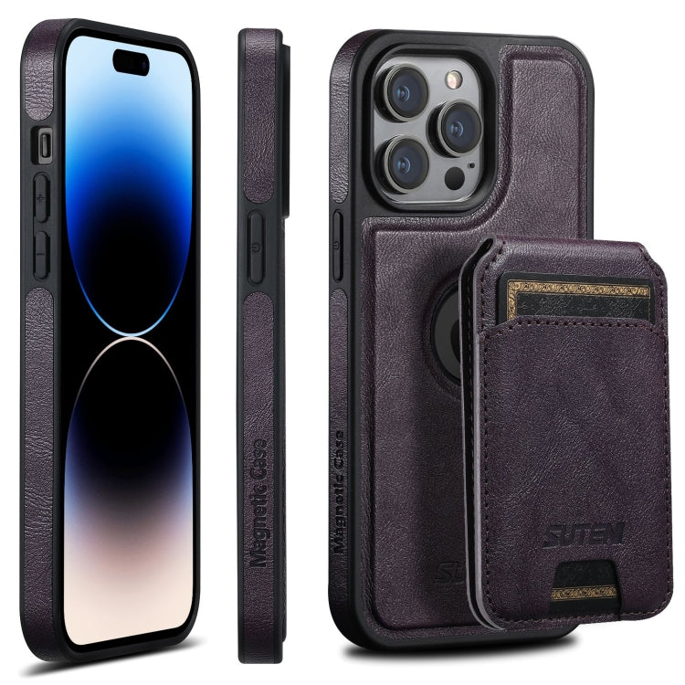 For iPhone 14 Pro Suteni M2 Oil Wax MagSafe Horizontal Card Bag Phone Case(Purple) - iPhone 14 Pro Cases by Suteni | Online Shopping South Africa | PMC Jewellery | Buy Now Pay Later Mobicred