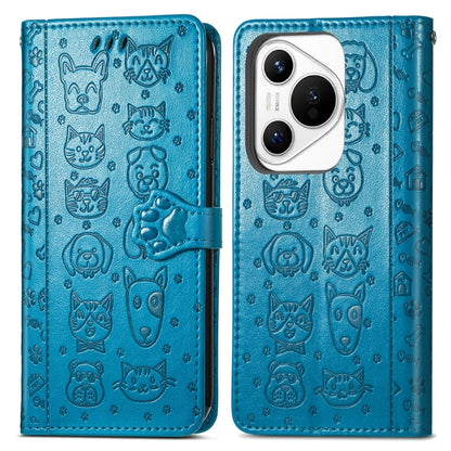 For Huawei Pura 70 Cat and Dog Embossed Leather Phone Case(Blue) - Huawei Cases by PMC Jewellery | Online Shopping South Africa | PMC Jewellery | Buy Now Pay Later Mobicred