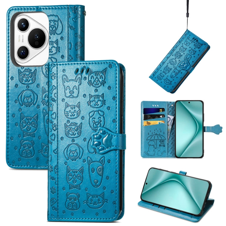 For Huawei Pura 70 Pro+ Cat and Dog Embossed Leather Phone Case(Blue) - Huawei Cases by PMC Jewellery | Online Shopping South Africa | PMC Jewellery | Buy Now Pay Later Mobicred