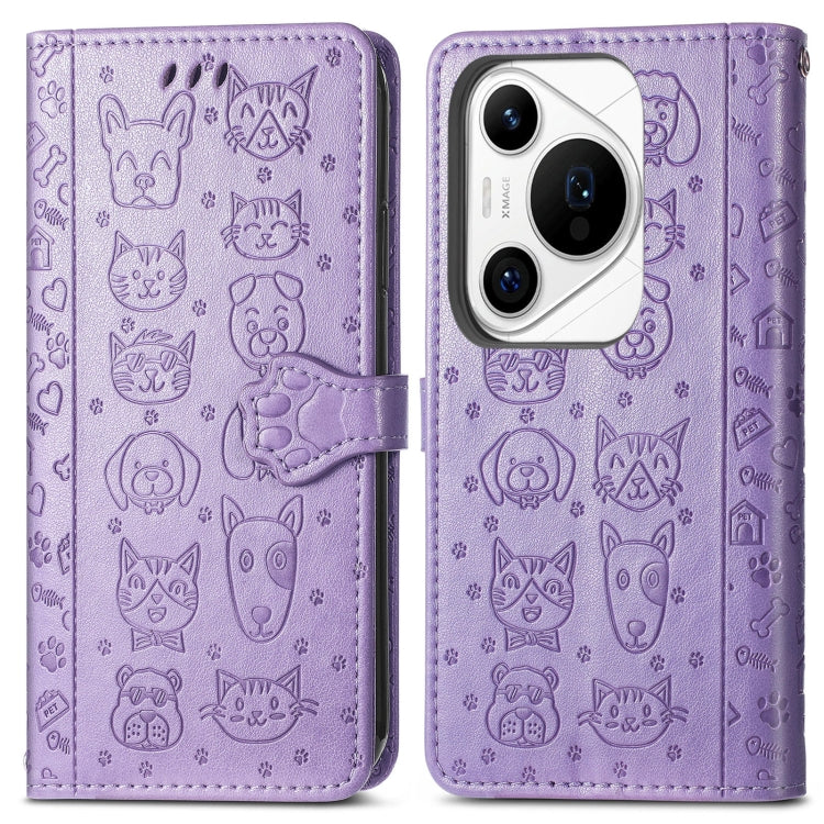 For Huawei Pura 70 Ultra Cat and Dog Embossed Leather Phone Case(Purple) - Huawei Cases by PMC Jewellery | Online Shopping South Africa | PMC Jewellery | Buy Now Pay Later Mobicred