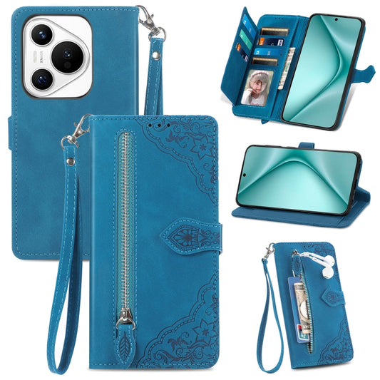 For Huawei Pura 70 Pro Embossed Flower Zipper Leather Phone Case(Blue) - Huawei Cases by PMC Jewellery | Online Shopping South Africa | PMC Jewellery | Buy Now Pay Later Mobicred