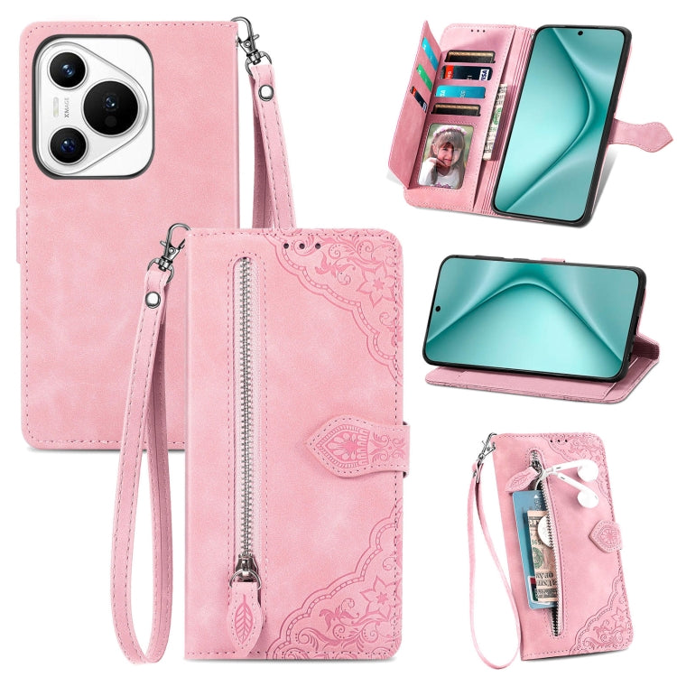 For Huawei Pura 70 Pro+ Embossed Flower Zipper Leather Phone Case(Pink) - Huawei Cases by PMC Jewellery | Online Shopping South Africa | PMC Jewellery | Buy Now Pay Later Mobicred