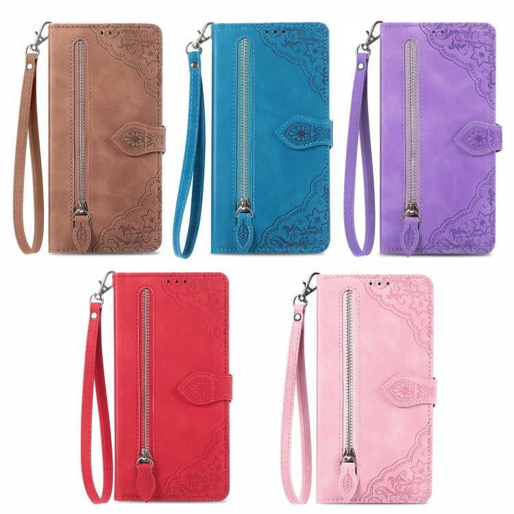 For Huawei Pura 70 Pro+ Embossed Flower Zipper Leather Phone Case(Red) - Huawei Cases by PMC Jewellery | Online Shopping South Africa | PMC Jewellery | Buy Now Pay Later Mobicred