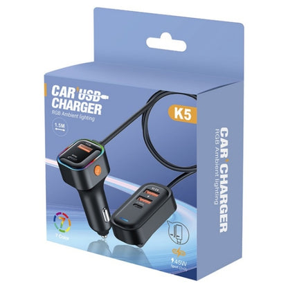 K5 3 USB Fast Charging Car Charger 66W Extension Cord Design 5 Ports Charging Adapter - Car Charger by PMC Jewellery | Online Shopping South Africa | PMC Jewellery | Buy Now Pay Later Mobicred