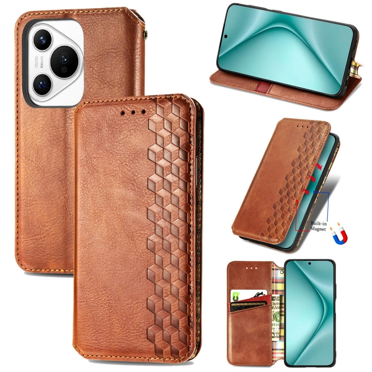 For Huawei Pura 70 Cubic Grid Pressed Magnetic Leather Phone Case(Brown) - Huawei Cases by PMC Jewellery | Online Shopping South Africa | PMC Jewellery | Buy Now Pay Later Mobicred